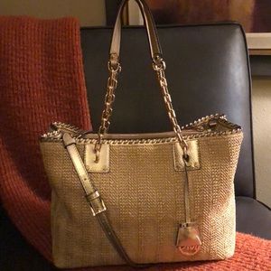 Michael Kors Straw Raffia Rosalie Gold Tote Bag